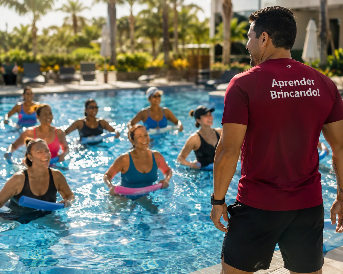 Grupo de adultos exercita-se dentro da piscina com espaguetes de espuma, orientado por professor