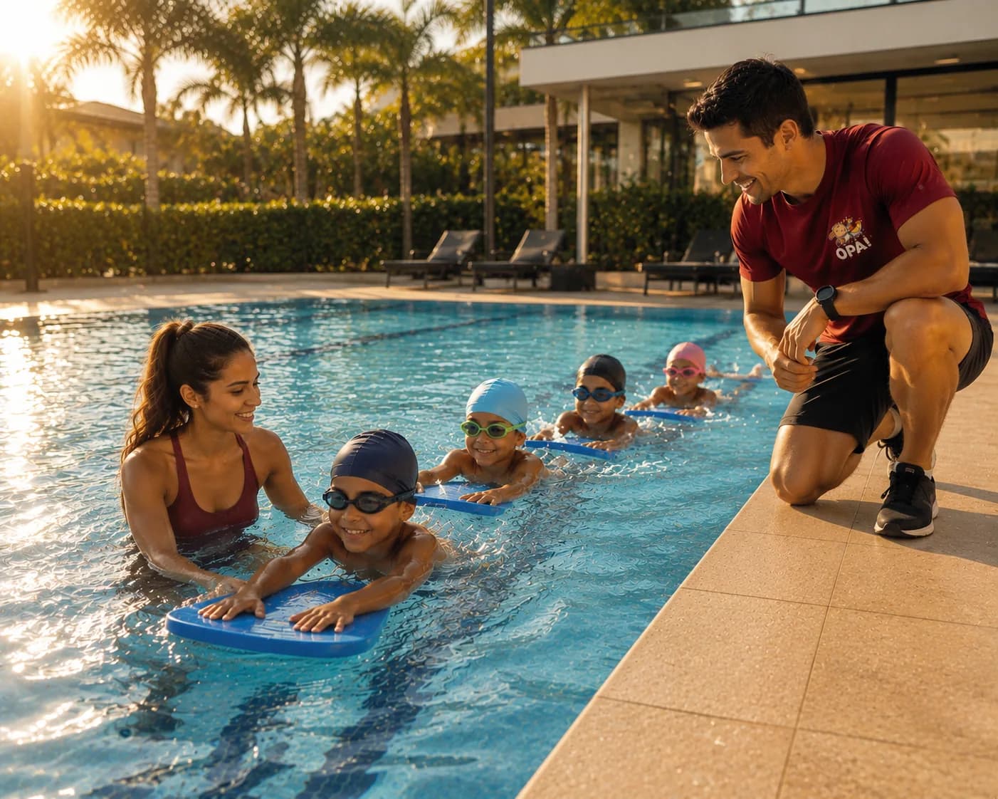 Crianças de touca e óculos avançam na piscina com pranchas, acompanhadas por dois professores