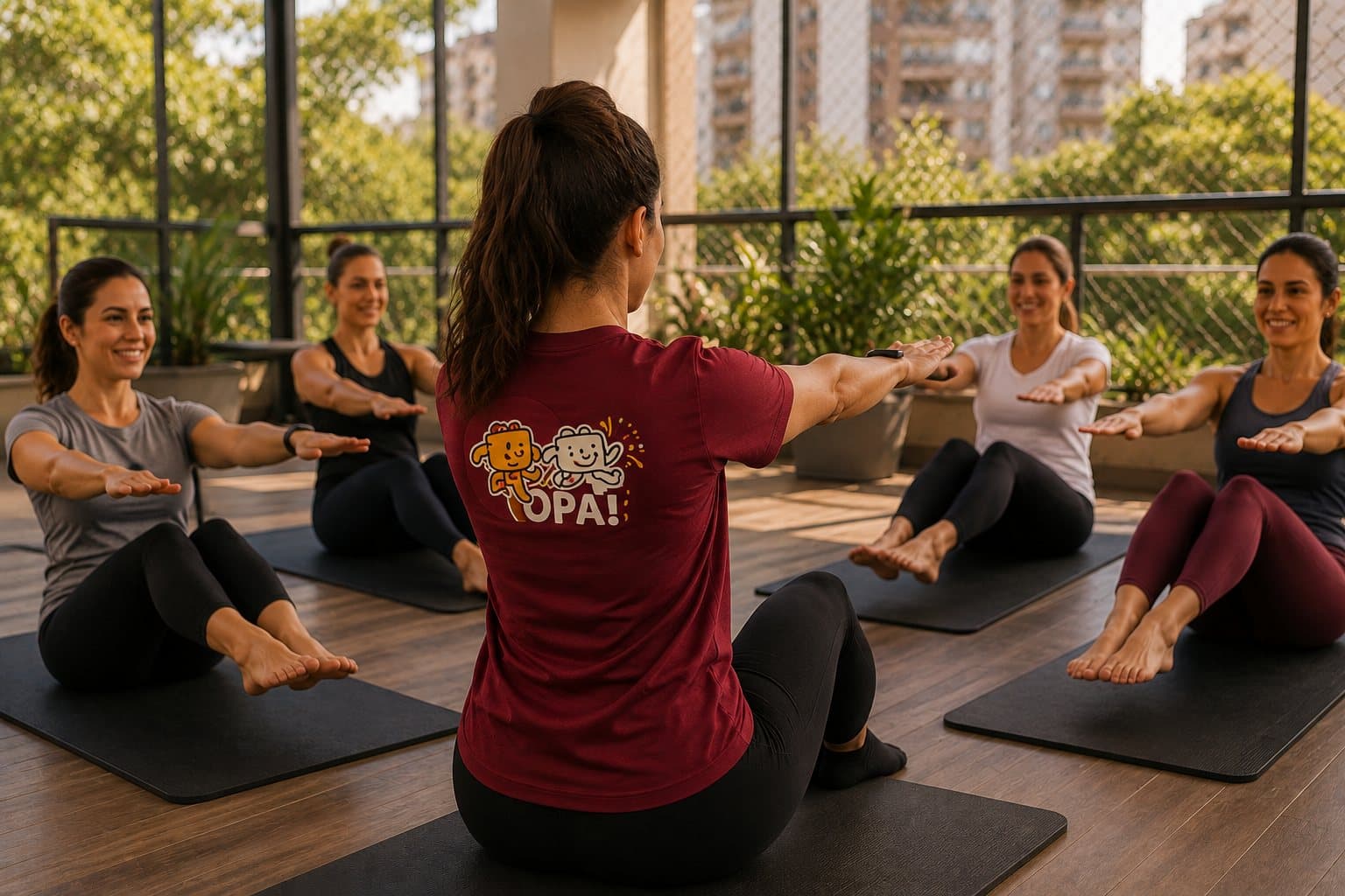 Turma de adultos em aula de pilates com a professora da OPA!