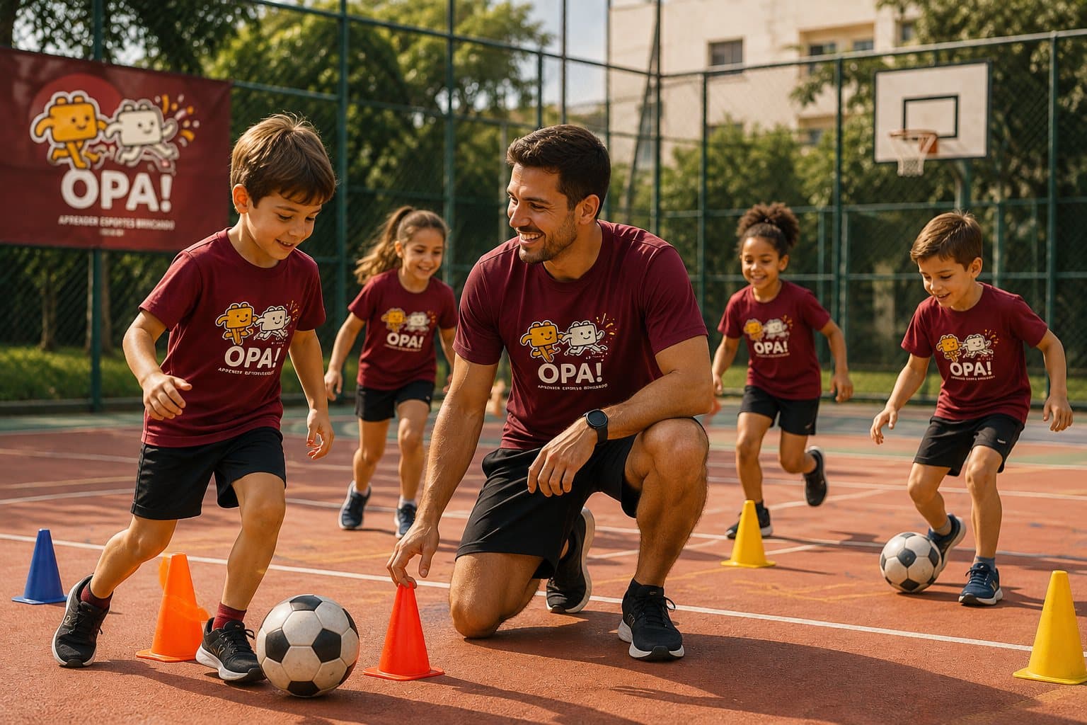 Crianças em aula de futebol da OPA! na quadra do condomínio